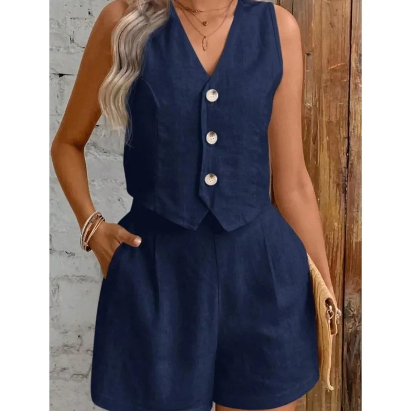 Summer Women 2Pcs Sets Sleeveless TShirt Shorts Cotton Linen Vest White Short Two Pieces Office Lady Outfit Casual 260306