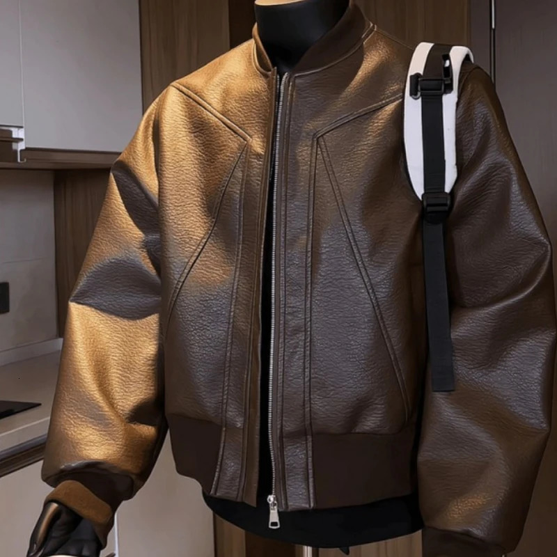 American Trend Retro Crack Leather Versatile Casual Jackets Stand Collar Leather Bomber Mens Fashion Commuter Leather Coat 260306