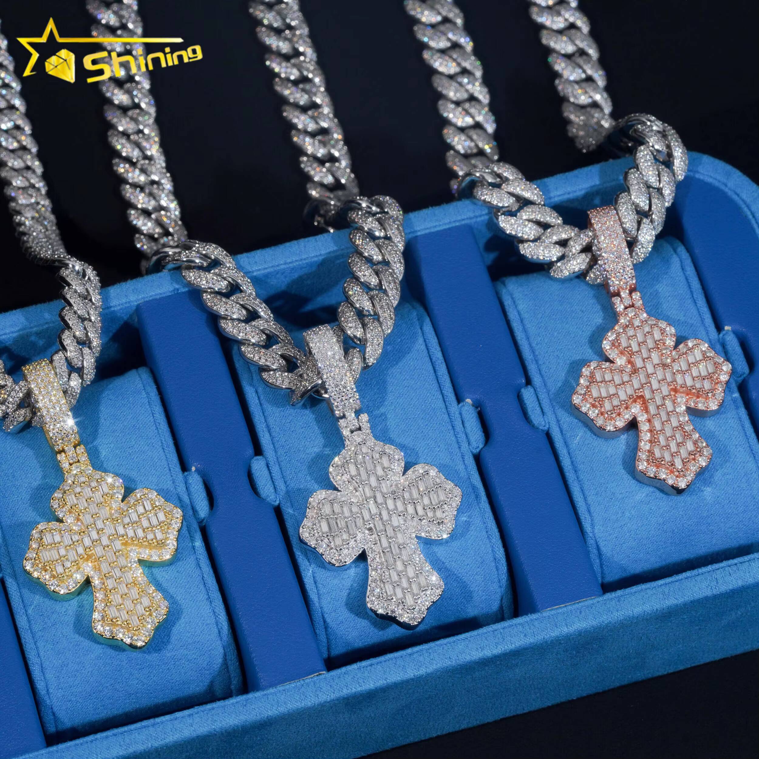 Best Selling Moissanite Hip Hop Jewelry Iced Out 925 Sterling Silver Baguette Moissanite Diamond Cross Pendant