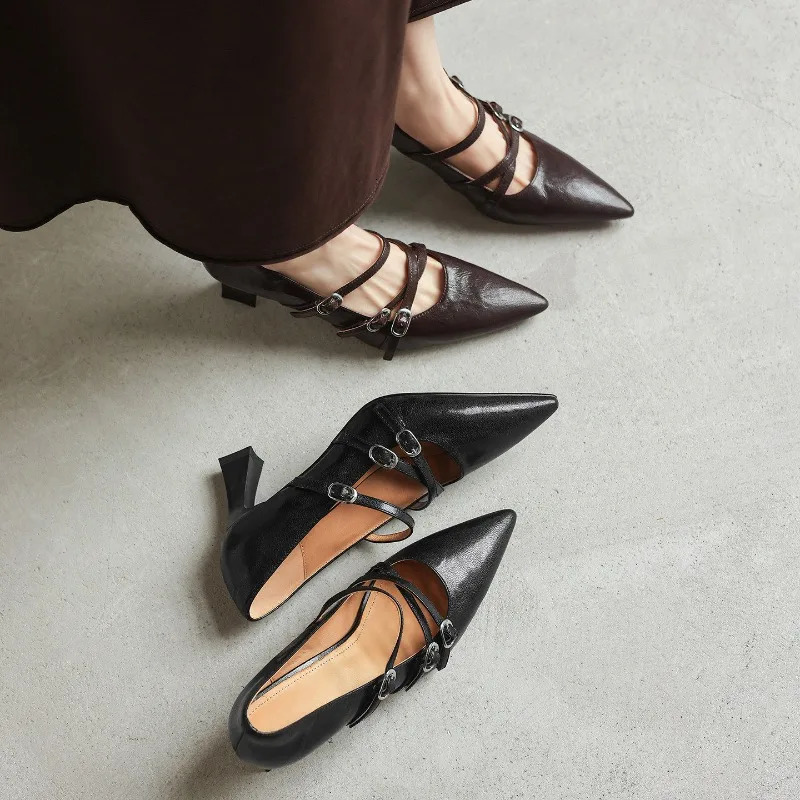 Vintage Pointed Toe Cross Buckle Women Mary Jane Shoes Fashion Shallow Shoes 2026 Spring Autumn Stripper Party Pumps Shoes 260303