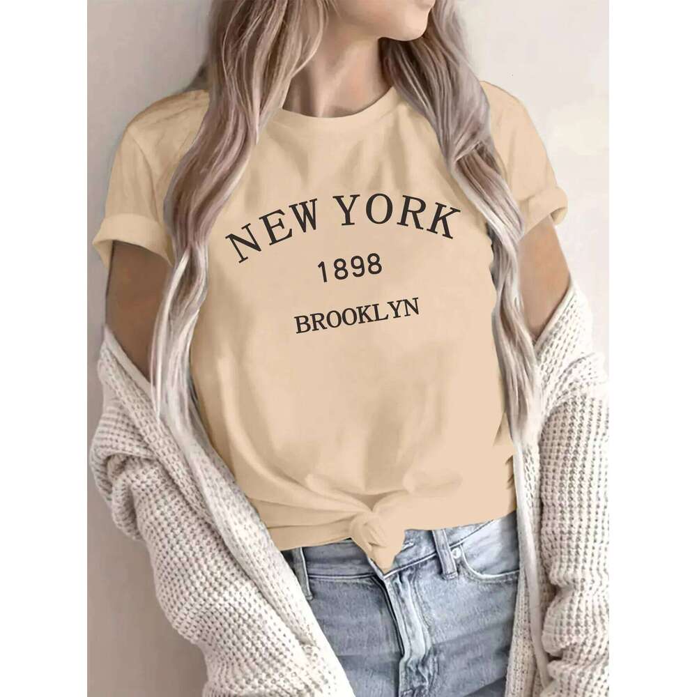 Women's casual crew collar T-shirt with monogram print, short sleeve knit top, polyester and spandex mix, summer XJ260306 XJ260306