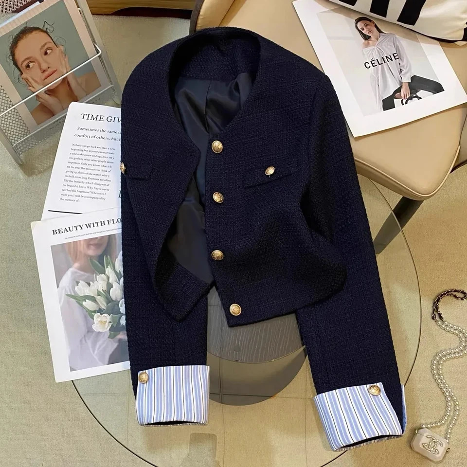 Navy Nlue Small Fragrant style Suit Jacket For women Spring autumn Round neck French Fashion Splicing Short Top 260306