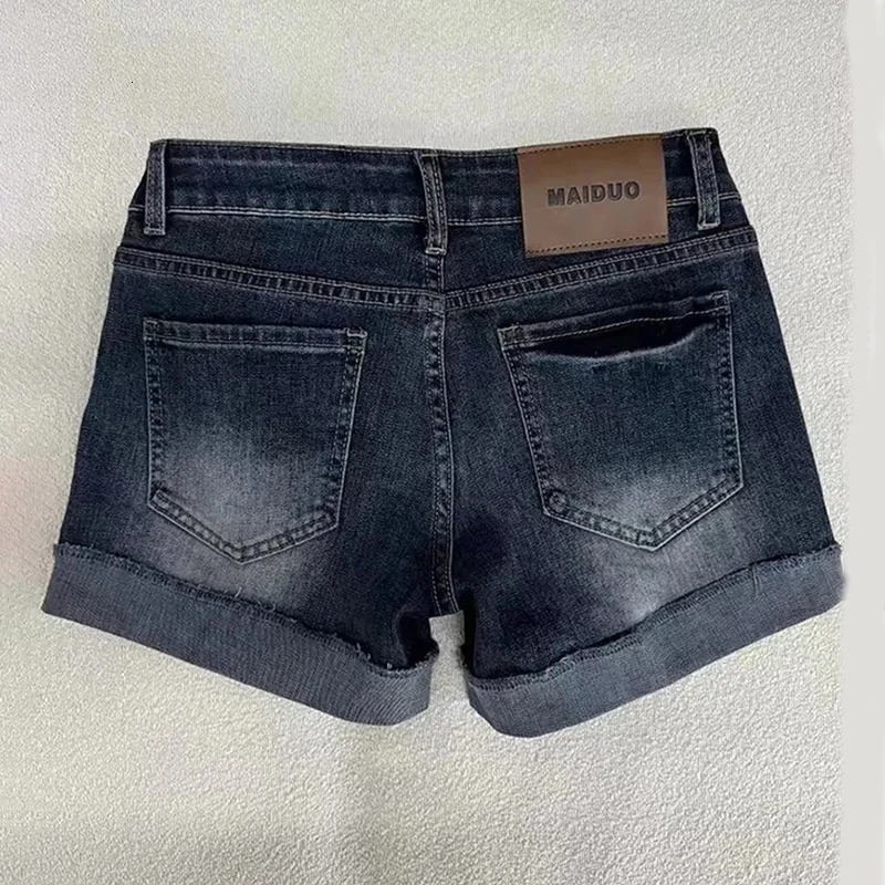 Retro Roll Up Hem Deep Blue Denim Shorts Women Summer Sexy Low Rise Hip Covering Pants American Distressed Washed Jean Short 260306