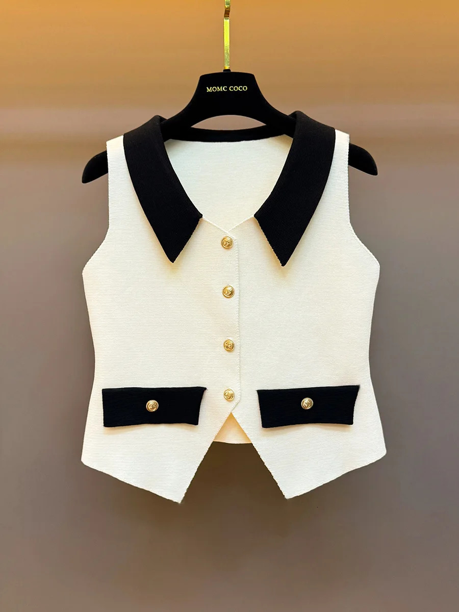 Women French Color Block Sleeveless Vest VNeck Knit Tank Top Lapel Collar Elegant Preppy Cropped Waistcoat Casual 260306