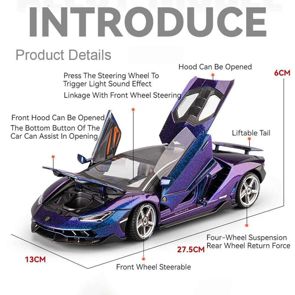 1:18 Lambor SVJ63 LP770 Alloy Models Diecast Car Toys Doors Opened Front Wheel Steering Sound Light Pull Back Sportscar Ornament Z260306