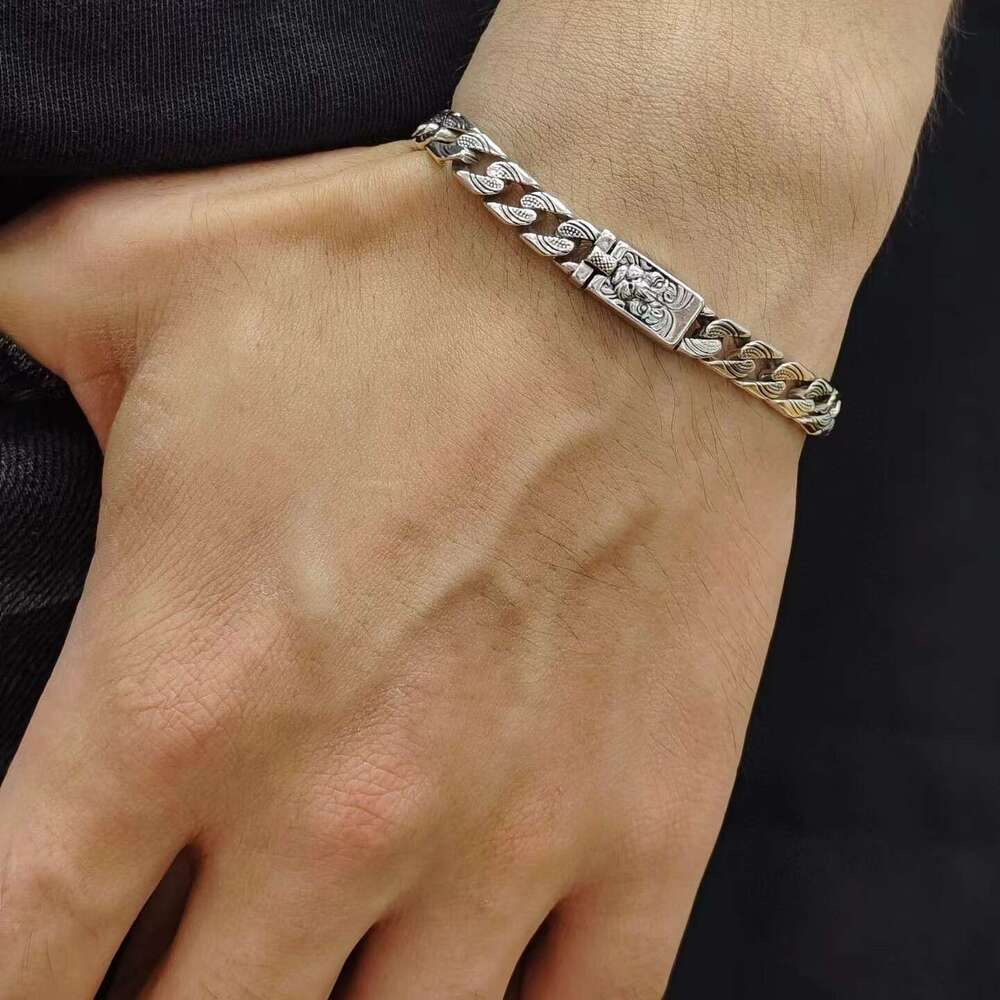 Elegant S925 sterling tiger head bracelet, vintage distressed fashion trend, Cuban chain, Thai silver, high-quality silver jewelry