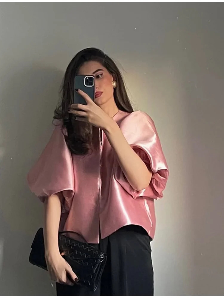 Round Neck Satin Solid Short Blouse For Women Elegant Button Puff Short Sleeve Fashion Shirt Chic Lady Street Shirts 2026 260306