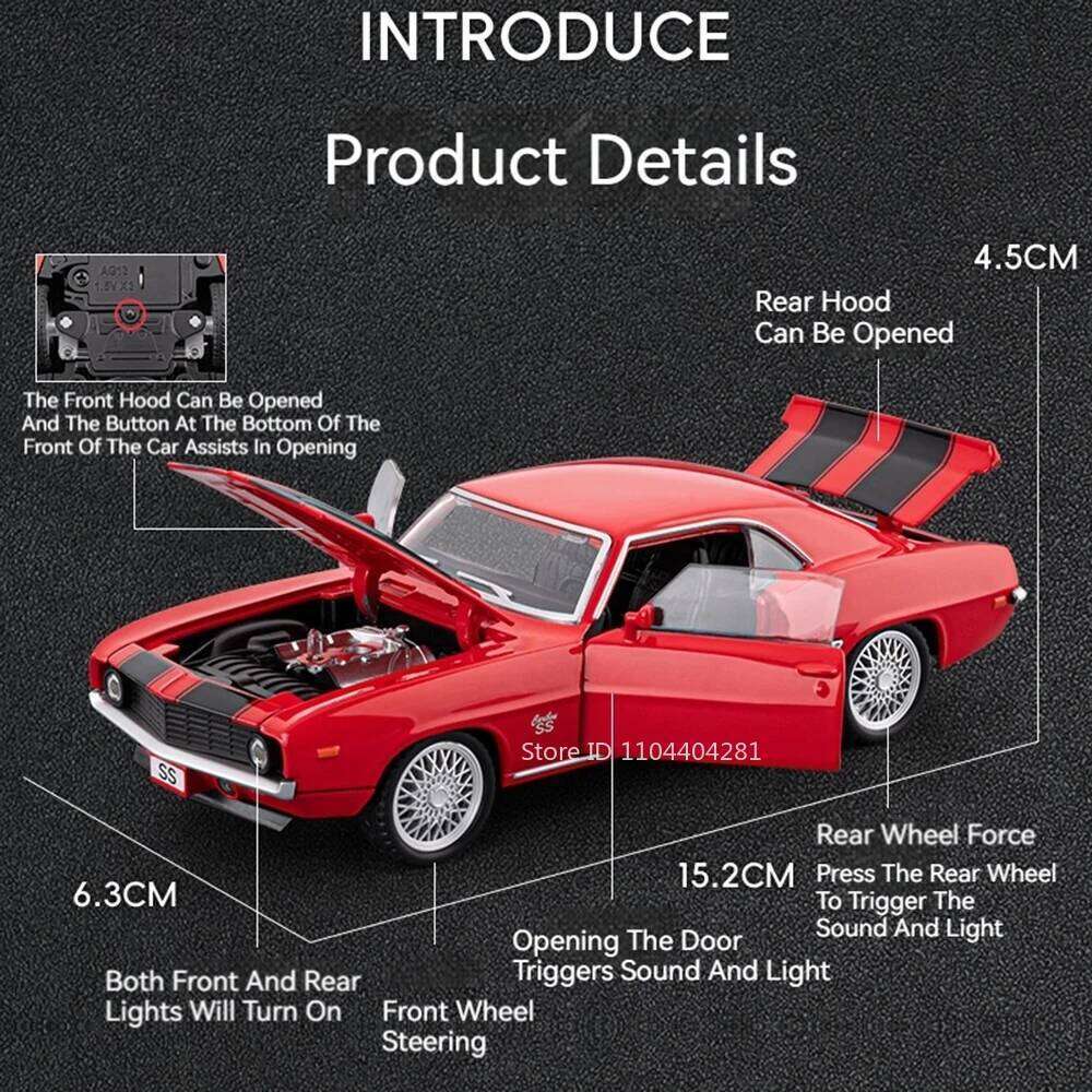 1:32 Camaro Charger 1970 Car Toys Diecast Alloy Model Rubber Tire Metal Body Sound Light Pull Back Doors Opened Vehices Kid Gift Z260306