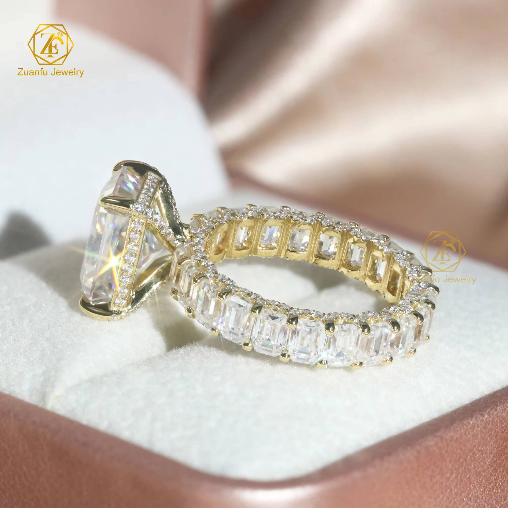 14K Solid Gold Moissanite Diamond Design 9x11mm Radiant Cut and 3x4mm Emerald Cut Full Band Wedding Engagement Ring