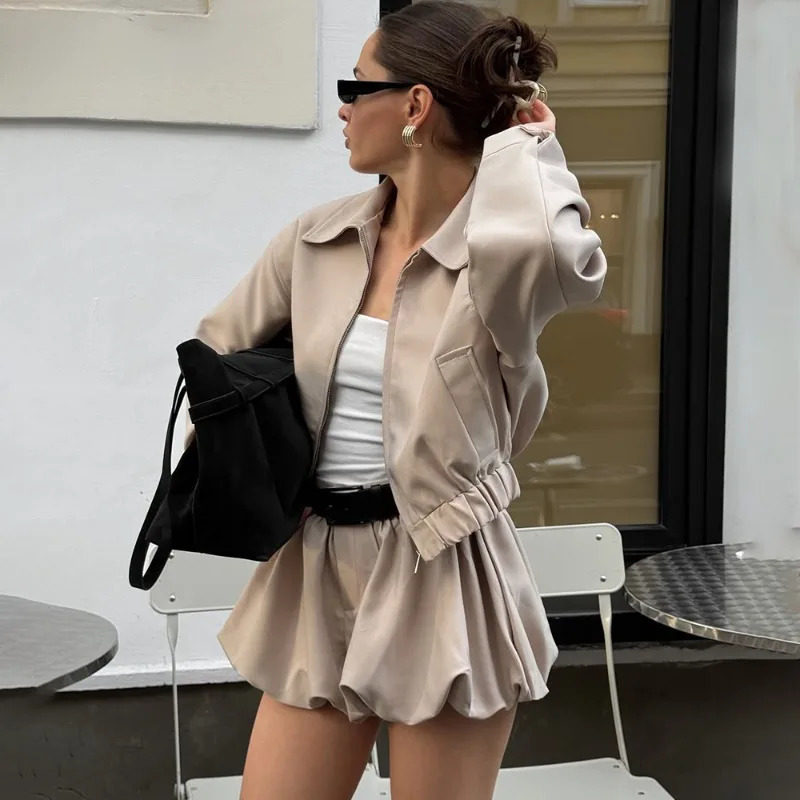 Tuularose Womens 2 Piece Fashion Lapel Zip Jacket Pleated Shorts Suit Vintage Streetwear Party Autumn Female Short Sets 260306