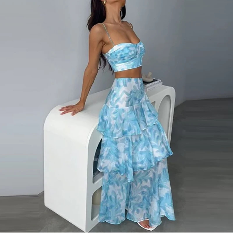 Sexy Tube Crop TopsHalf Skirts 2 Piece Set Fashion Printed Sleeveless Vest And Ruffles Long Summer Holiday Beach 260306