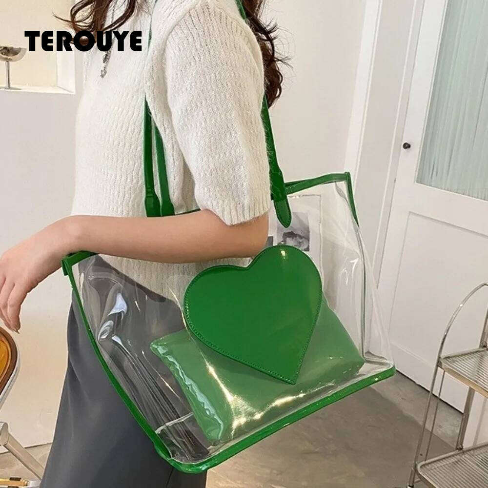 Waterproof Jelly Shoulder Large Capacity Versatile Transparent Handbags Has Inner Pocket Color Contrasting Beach Bag TEROUYE