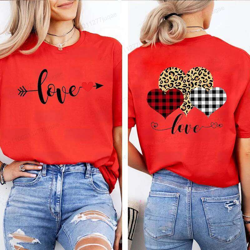 Leopard Print T Shirt for Women T-shirt Girl Casual Short Sleeve O Neck Top Valentine Heart Summer Female Clothing Tshirt XJ260306