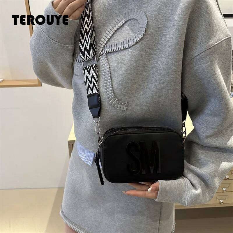 Stylish Versatile Women Single SM Letter Pu Leather Small Square Bag Leisure Wide Shoulder Strap Cross Body Bags TEROUYE