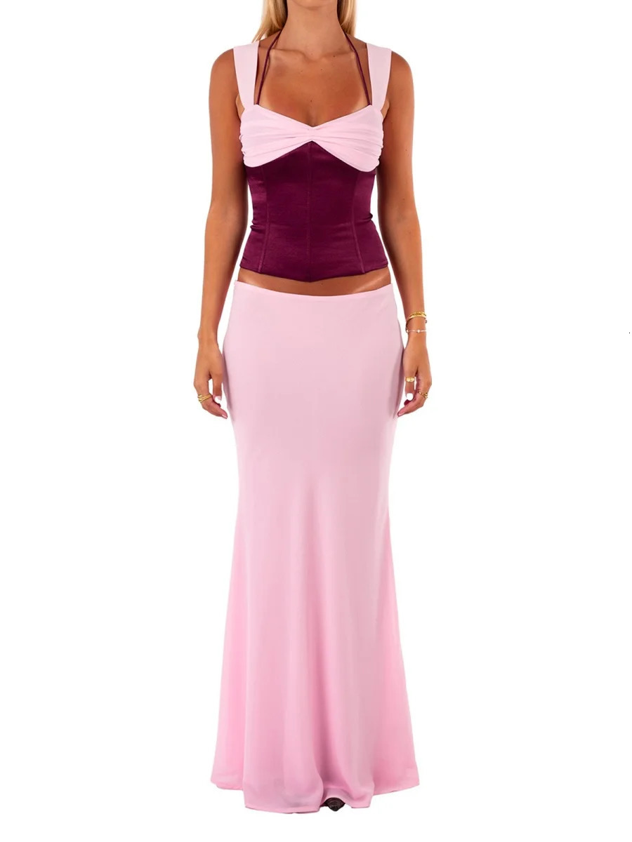 Sexy Patchwork Spaghetti Strap Two Piece Sets Women Skirt Suit Backless Top Long Spring Slim Elegant Streetwear 260306