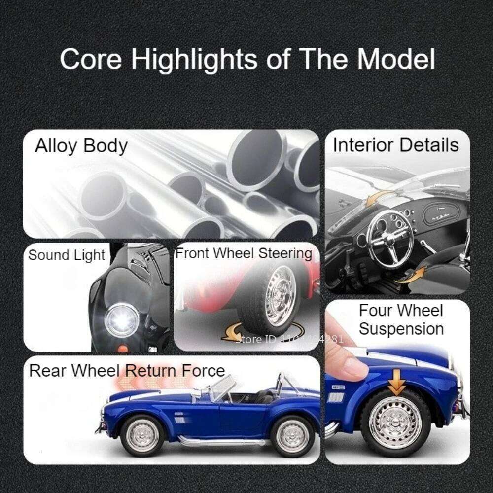 1:22 Shelby Cobra 427 Z4 Toys Sports Cars Models Pull Back Light Music Miniature Car Doors Opened Vehicle for Kid Festival Gifts Z260306