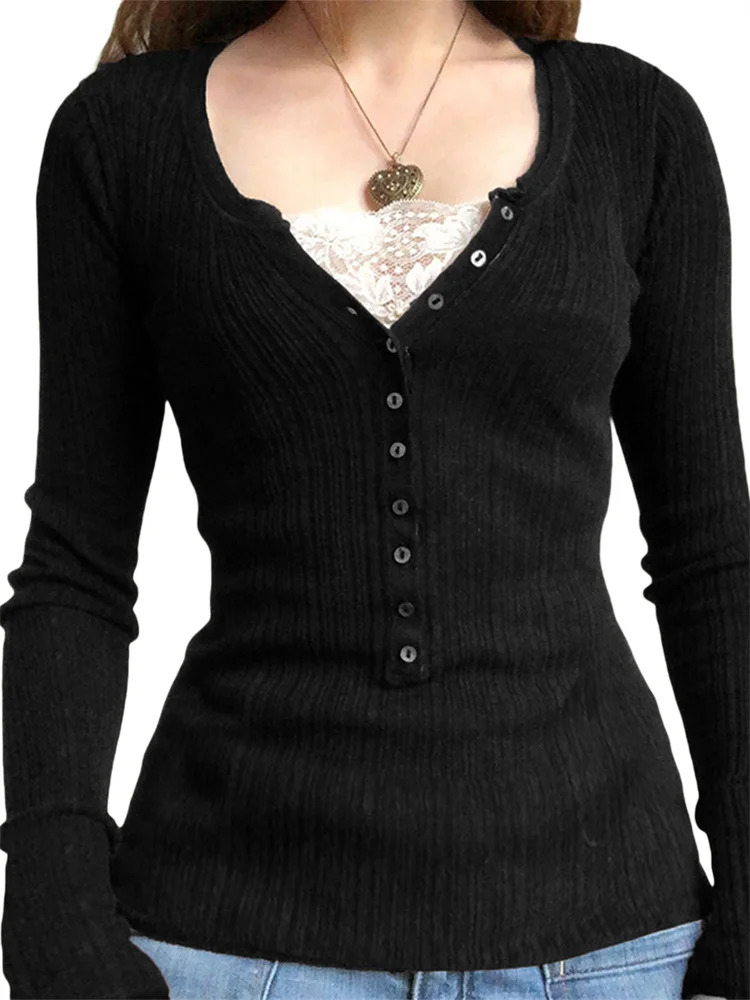 Women Button Front Knit Tops Long Sleeve Lace Patchwork Slim Fit Sweater Fall Fairy Grunge Gothic Y2K Clothes 260306
