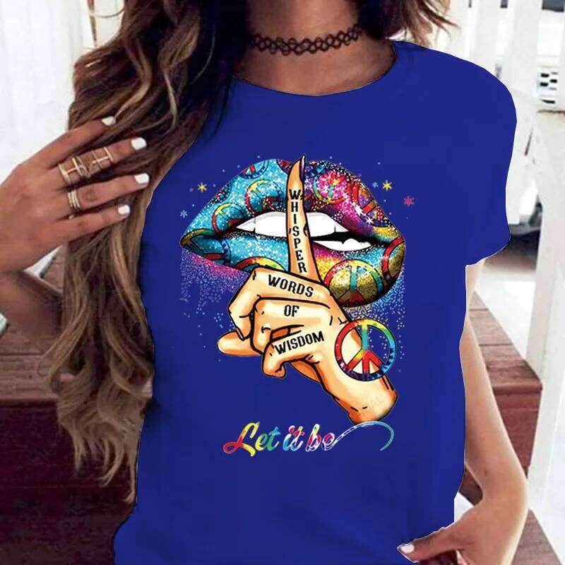 COTTON 100% Loose Crew-neck Creative Mouth Short-sleeved T-shirt Woman Oversized T Shirt Tops Aesthetic Clothes XJ260306 XJ260306