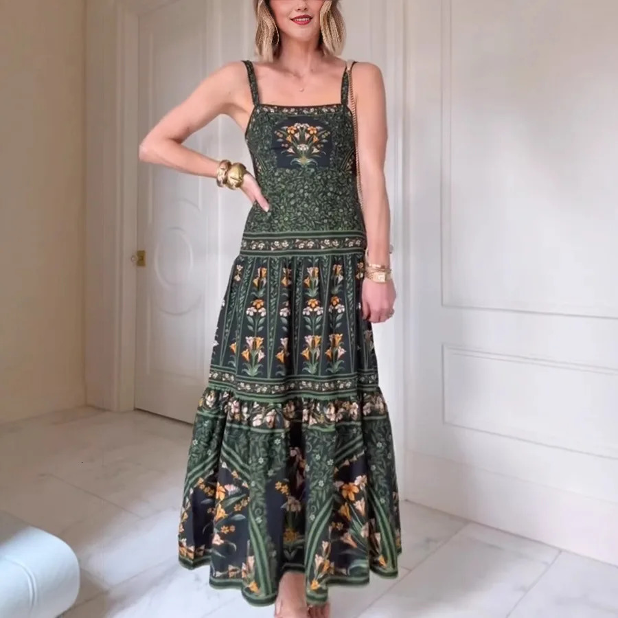 Boho Sling Long Dress Fashion Print Sleeveless Large Swing Party Evening Dresses Casual Retro Holiday Robe Womens Clothes 260306