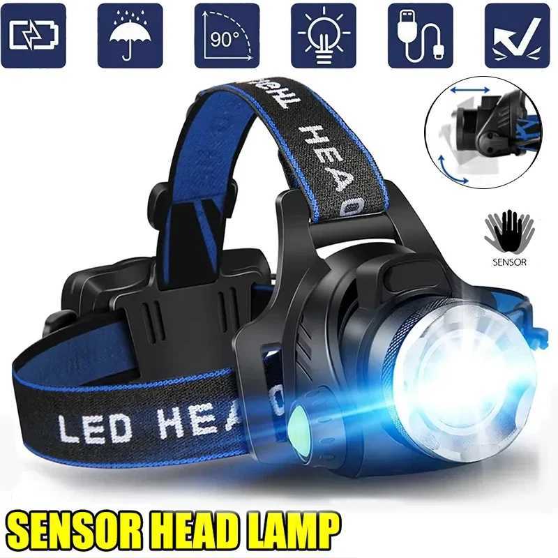Ultra-bright Sensor Industrial Headlamp Portable LED Headlight Zoomable Waterproof Camping Light Powered By 2x18650 Batteries H260307