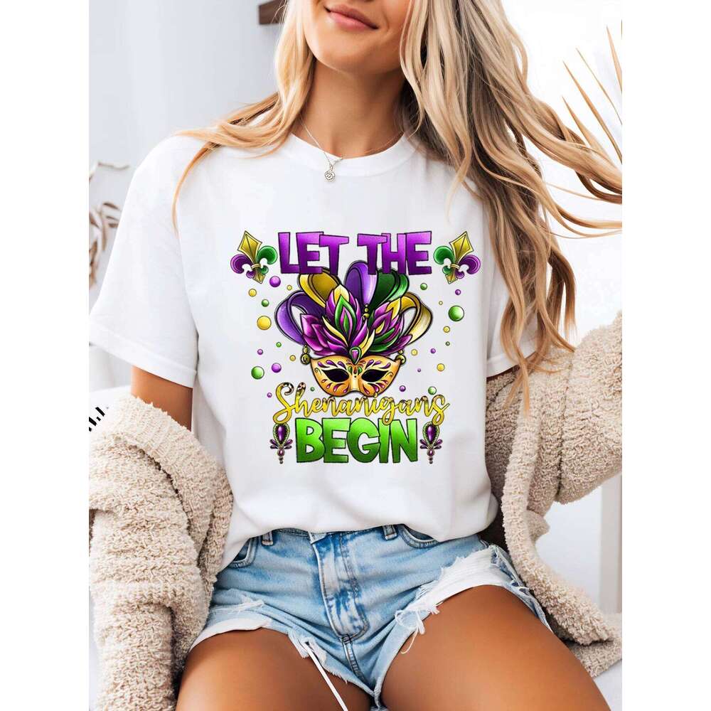 Mardi Gras Mask and Text Let the Shenanigans Begin Print t Shirt Festival Women Party White Plus-Size XJ260306 XJ260306
