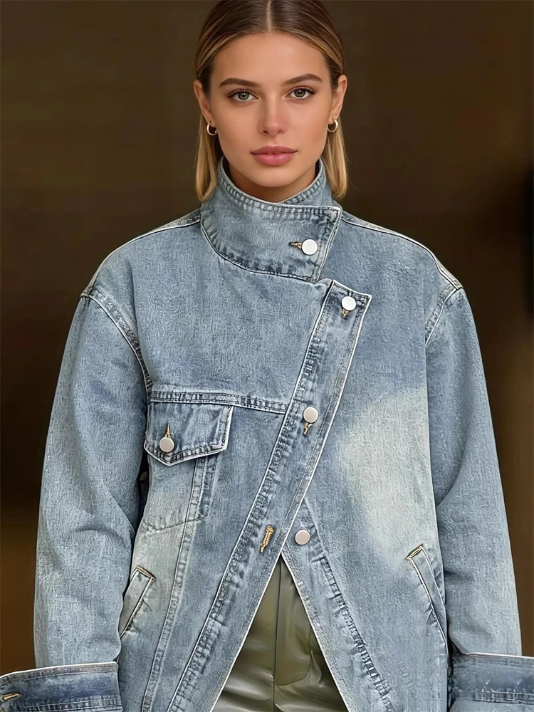 Women Stand Collar Denim Jacket Chic Long-sleeved Irregular Single Breasted Casual Loose Jackets 2026 Lady Commute Street Coat 260303