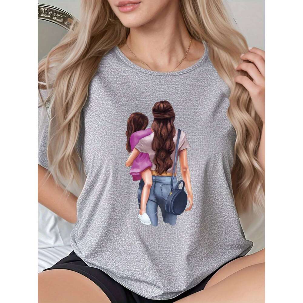 Interesting Mother Daughter Silhouette Print Women's Casual Sleeve T-shirt Shirt Fashionable and Unique Summer XJ260306