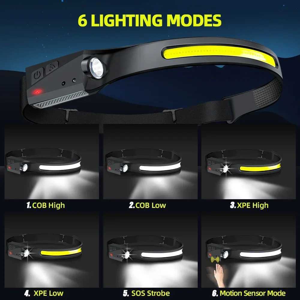 Induction Headlamp COB LED Sensor Head Lamp Built-in Battery Flashlight USB Rechargeable Head Torch 5 Lighting Modes Headlight H260307