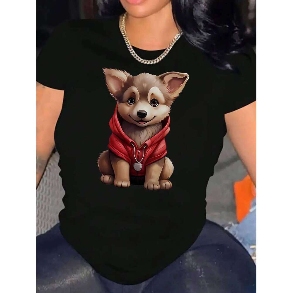 Women's Casual Cotton Polyester Blend T-Shirt Washable Round Neck Puppy Print Comfortable Top XJ260306 XJ260306