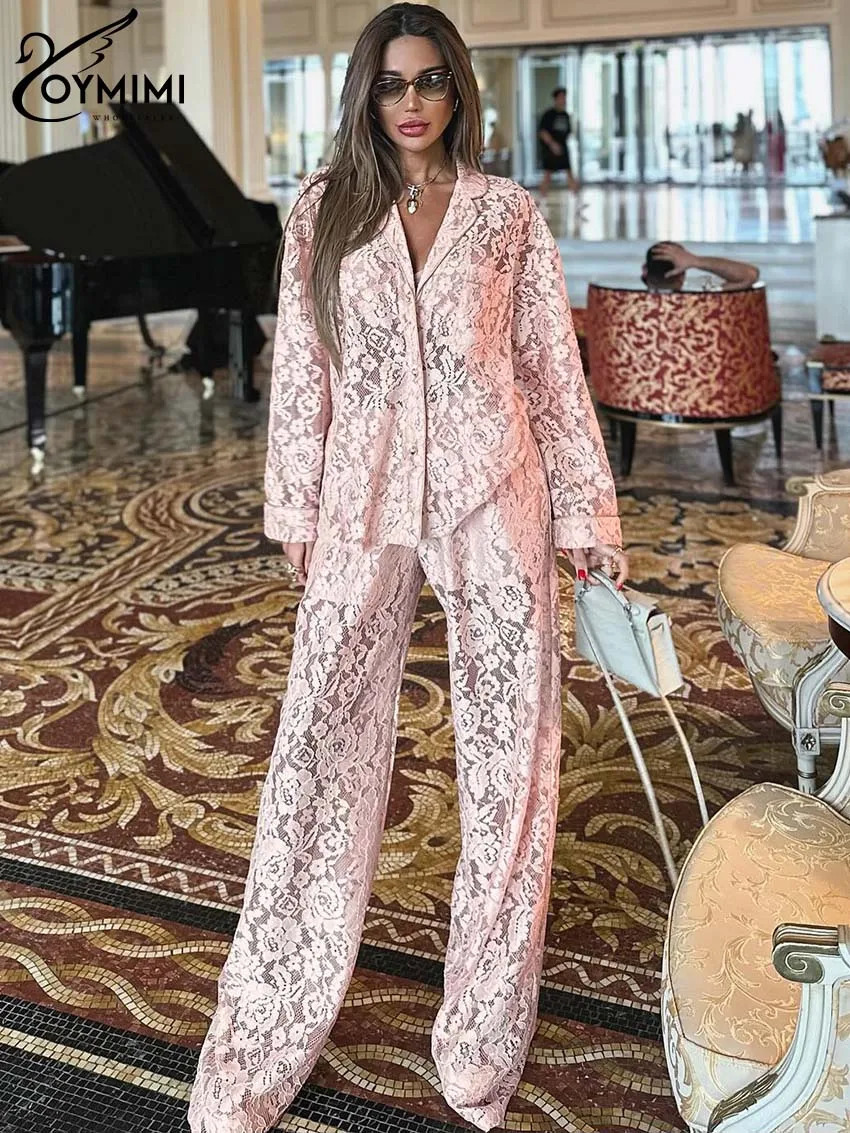 Oymimi Summer Pink Perspective Sets Womens 2 Piece Casual Long Sleeve Button Shirts And High Waist Straight Trousers Female 260306