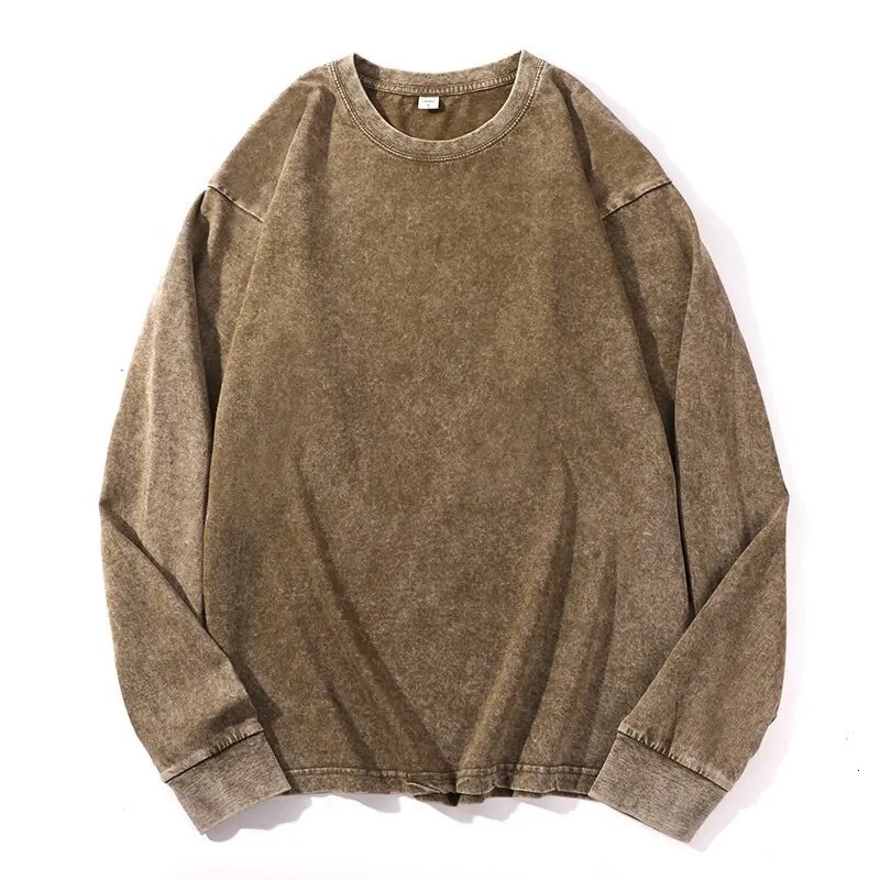 Y2K Fashion Mens Streetwear Black T Shirt Autumn Washed Cotton Vintage Solid O Collared Long Sleeve For Men Techwear 260302