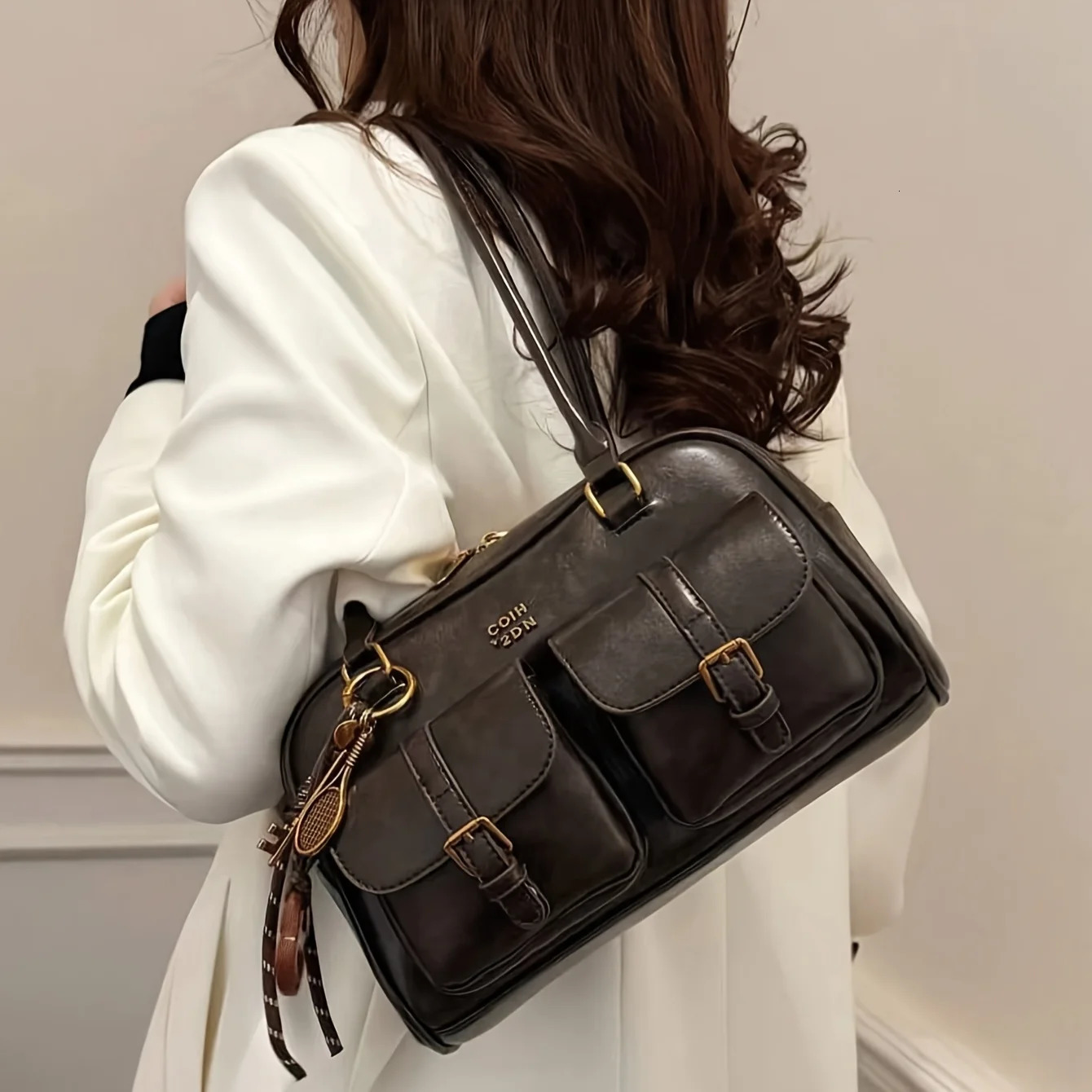 Womens Coffee Brown Multi-Pocket Handbag Shoulder Bag Stylish Versatile Letter Crossbody Purse for Travel Work Shopping Dates 260306