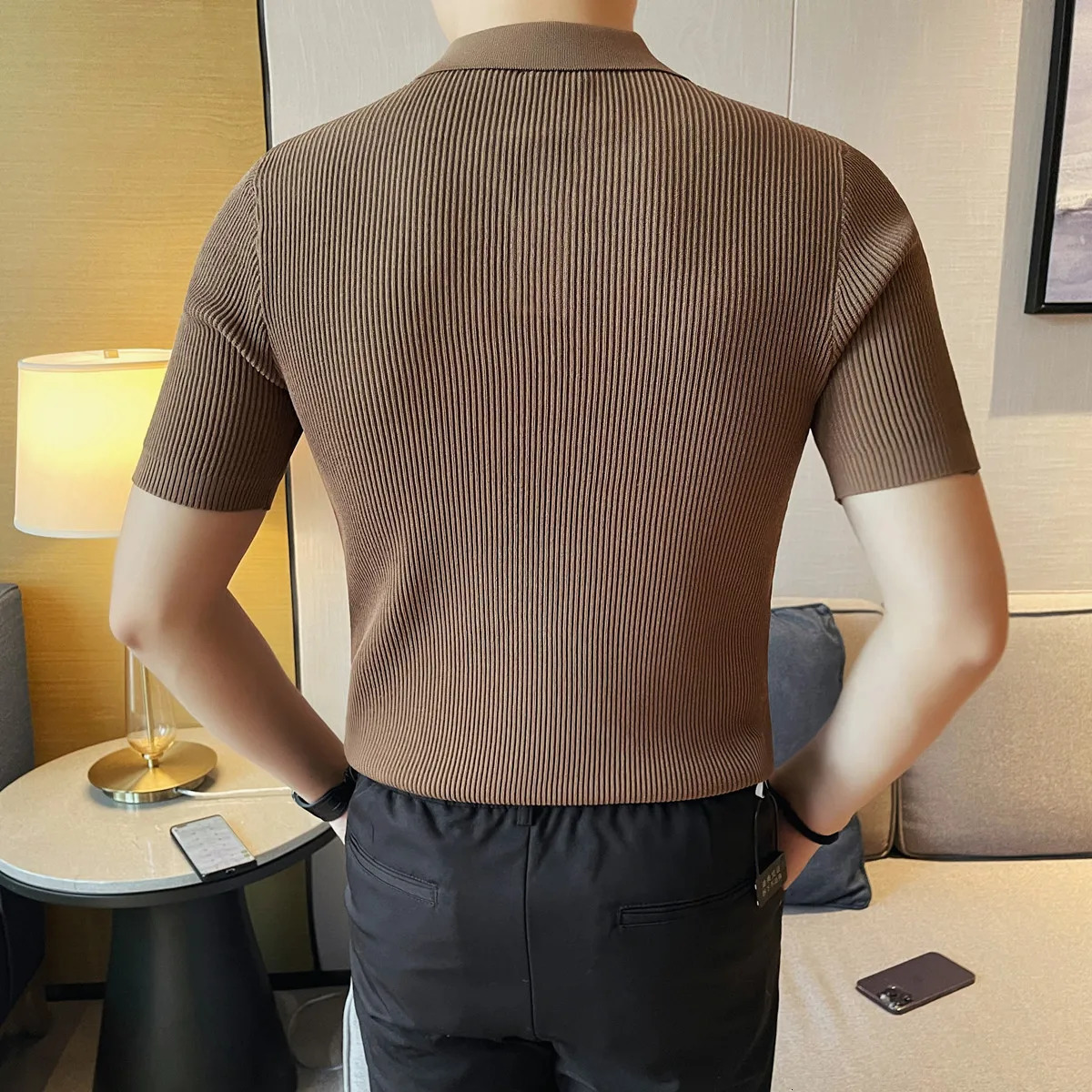 Mens Solid Stretch Polo Shirt - Ribbed Texture Elastic Comfort Slim Fit for Casual/Semi-Formal Versatility M-4XL 260305