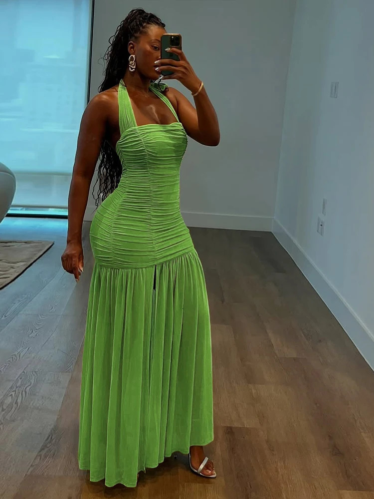 Nibber See Through Hem Dress Women Ruched Halter Summer Trend Sleeveless Backless Patchwork Midnight Clubwear Party Maxi Bodycon 260306