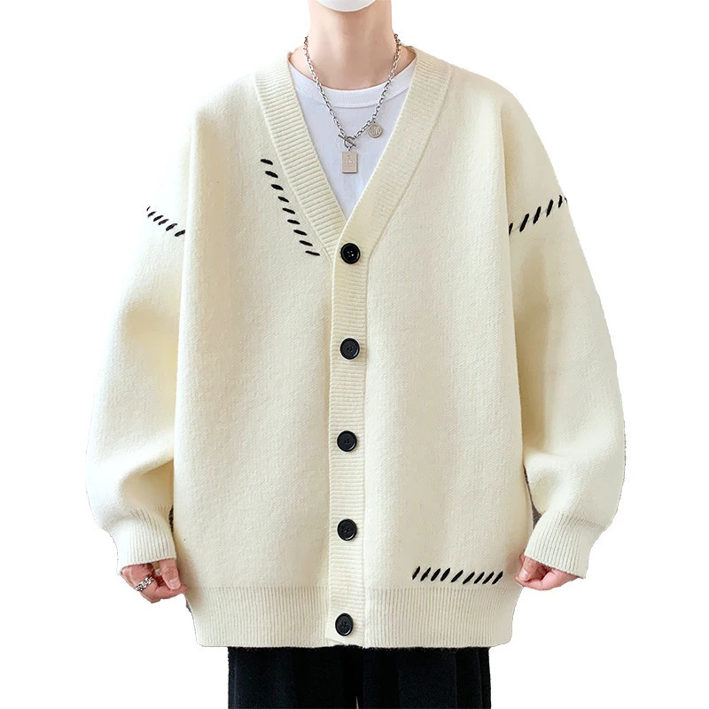 Autumn Winter V-Neck Knit Cardigan Men Harajuku Patchwork Loose Knitted Sweater Outerwear Coat Mens Fashion Casual Streetwear 260306