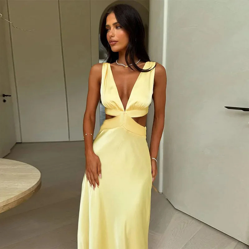Deep V neck Hollow Long Dress Female Sleeveless Slit Beach Vacation Solid Color High Waist Bodycon Womens 260306