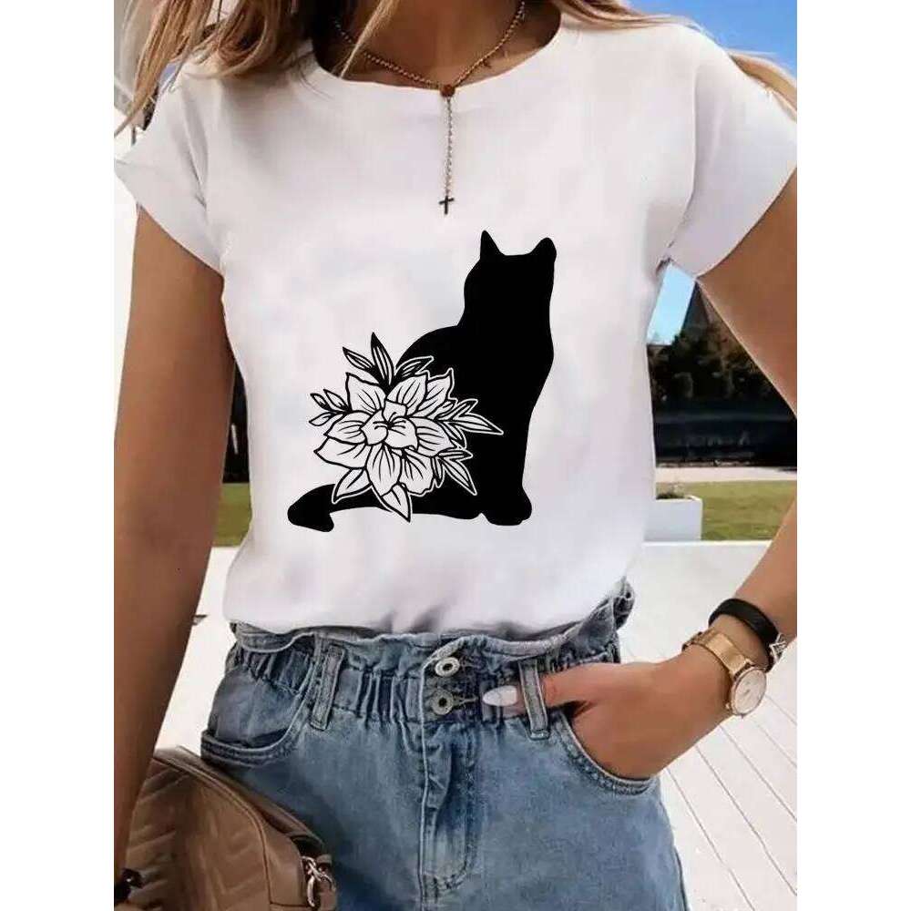 Short Sleeve Print Clothes Women Spring Summer Female Tee Fashion Cat Love Sweet Valentine Shirt Lady Graphic T-shirt XJ260306