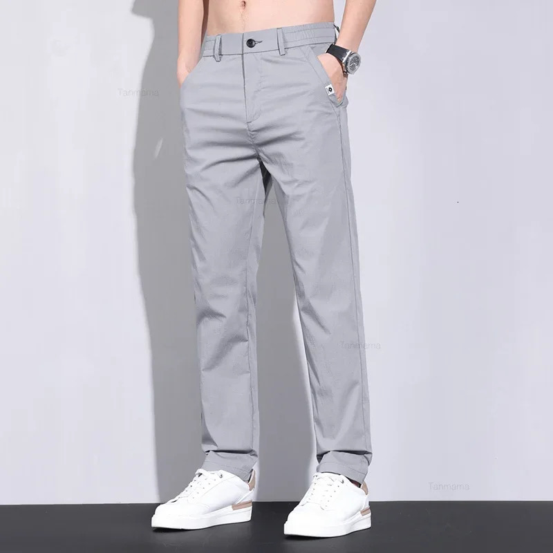 Ultra-thin Elastic Mens Casual Pants Summer Ice Silk Cotton Fashion Slim Straight Business Trousers Black Gray Khaki 260306