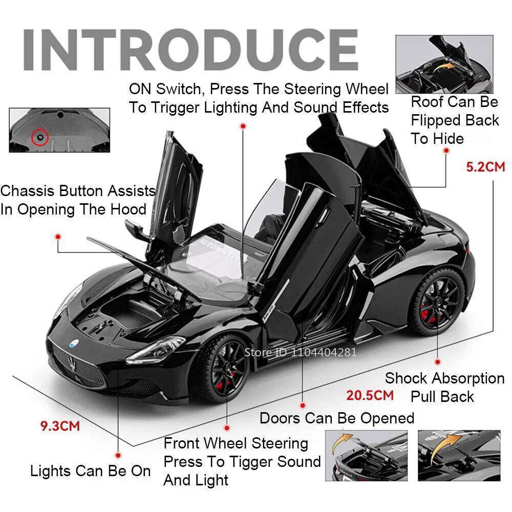 1:24 MC20 Atlantic Alloy Sports Car Diecast Model Toy Front Wheel Steering Sound Light Pull Back Miniature Vehice Childrens Gift Z260307