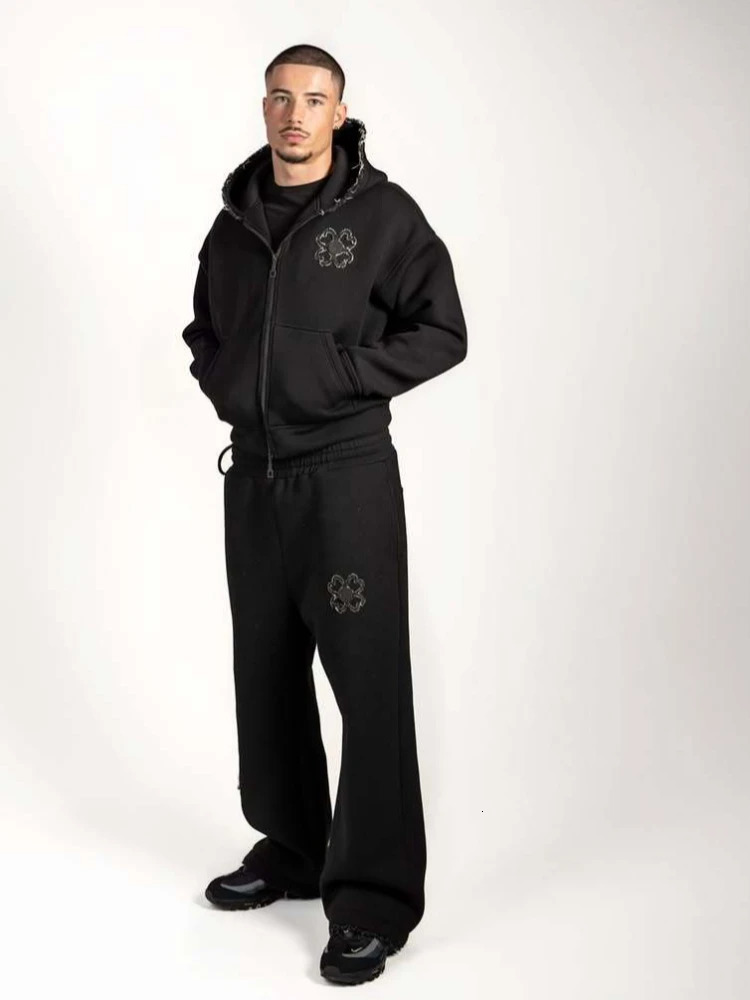 2026 fashion olive green embroidered zipper hoodie pants set mens street style fashion loose casual 2-piece sportswear 260228
