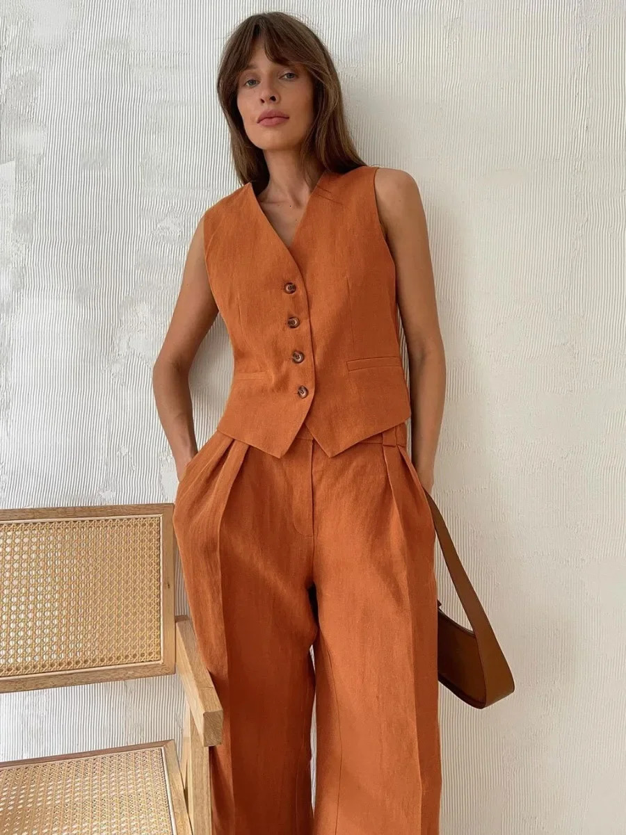 Bronladies Womem Linen Cotton Chic Vest Pants Suit Two-Piece Set Office Ladies Summer Chic 2 Piece Sets Womens Outfits 260304