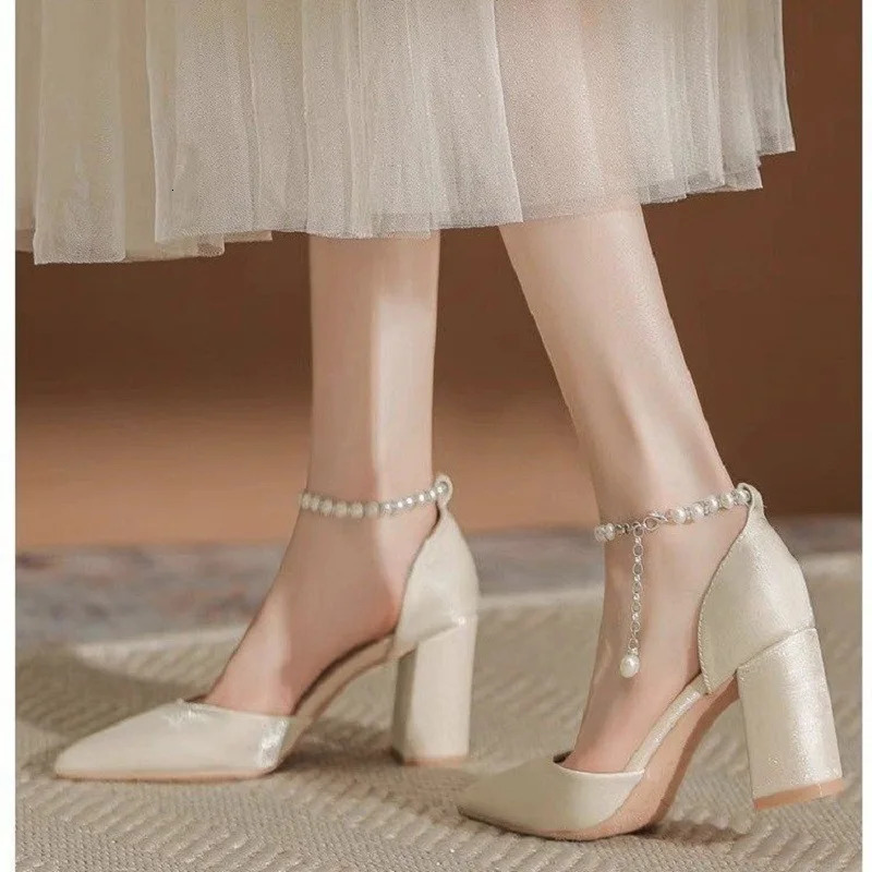 Elegant Pearl-Embellished Satin Heels - 5cm Chunky Low Heel Bridal Shoes with Adjustable Ankle Strap 260303