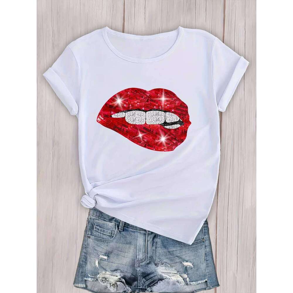 Sexy Lips Print Crew Neck Short Sleeve T-Shirt, Casual Sport Tops, Women's Clothing XJ260306 XJ260306