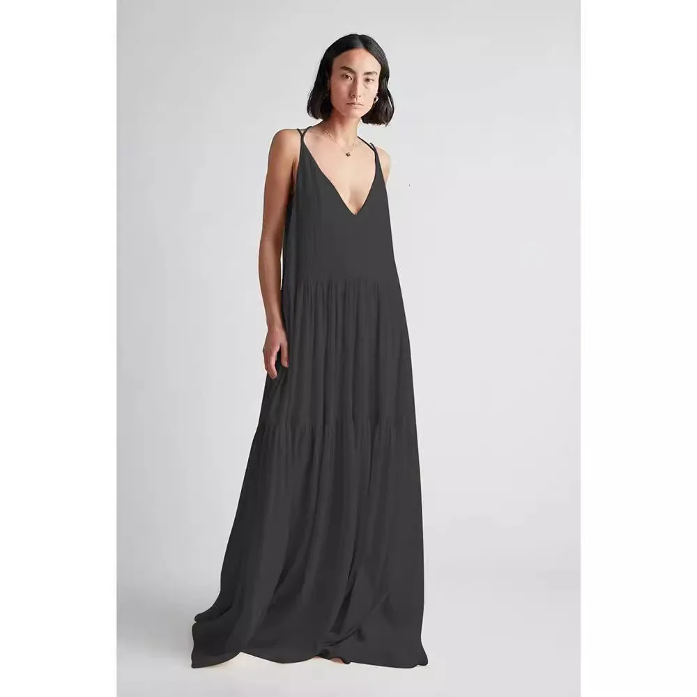 Summer Loose Laceup Sling Dresses Women Casual Solid Pleat Irregular Long Dress Spring Sexy Double V Neck Backless Hollow 260306