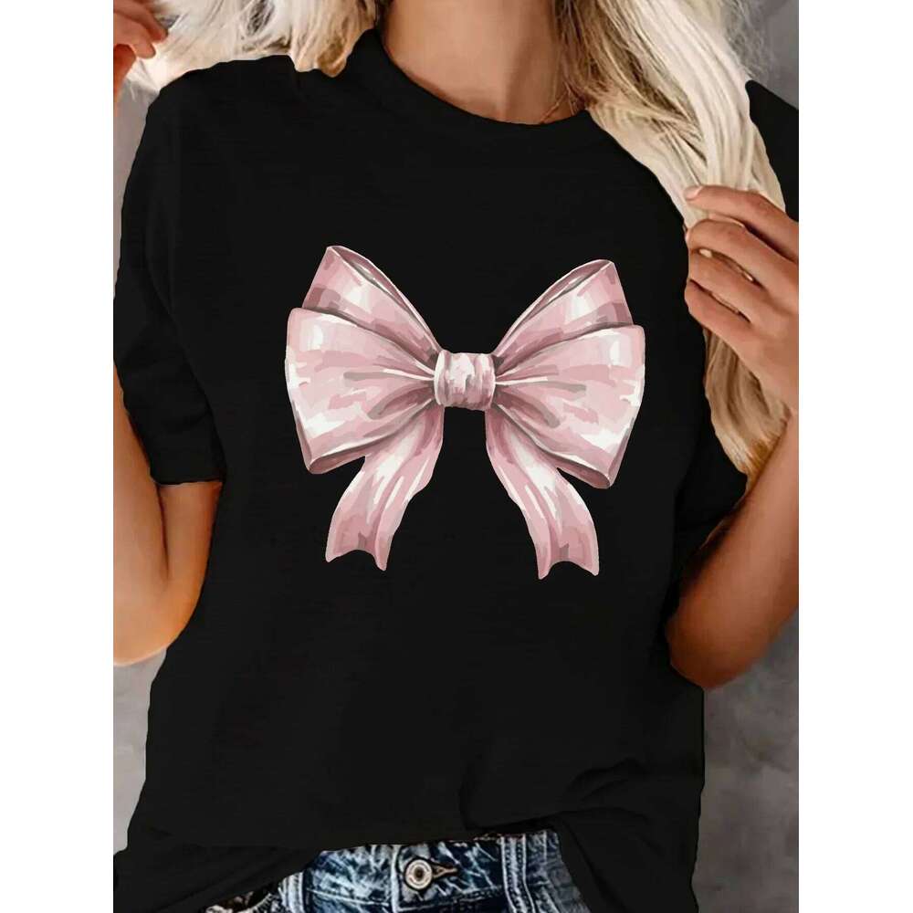 Bow Print Crew Neck T-shirt Casual Short Sleeve Top for Spring Summer Women's Clothing graphic shirts harajuku t shirt women XJ260306 XJ260306
