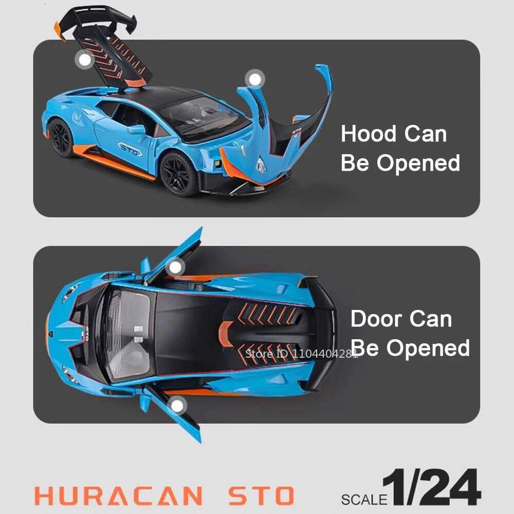 1:24 Lambor Huracan STO SCV12 Model Toys Alloy Diecast Cars Doors Opened with Sound Light Pull Back Vehices Boy's Birthday Gifts Z260307