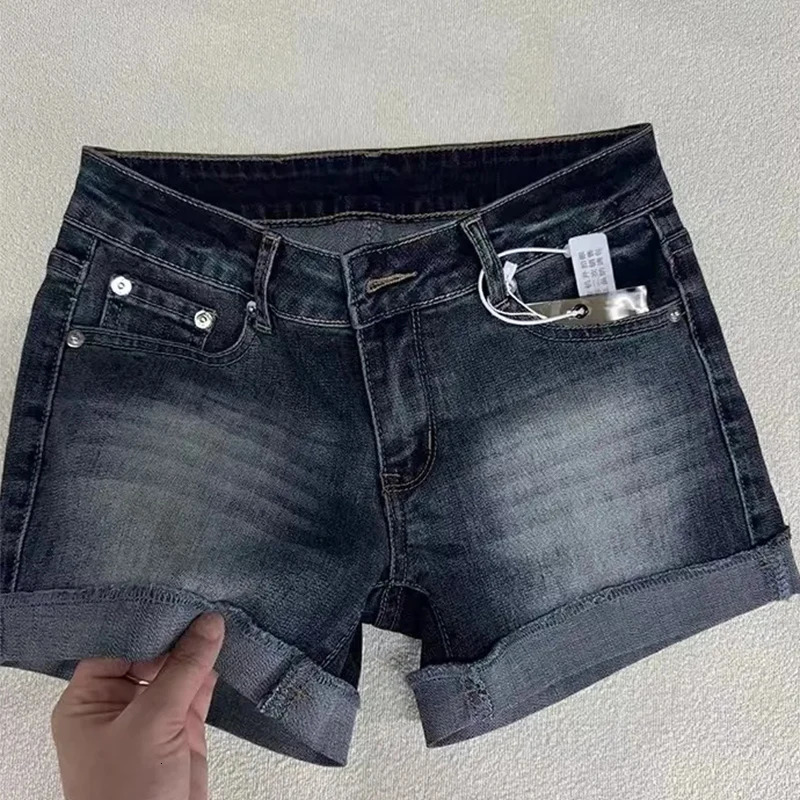 Retro Roll Up Hem Deep Blue Denim Shorts Women Summer Sexy Low Rise Hip Covering Pants American Distressed Washed Jean Short 260306