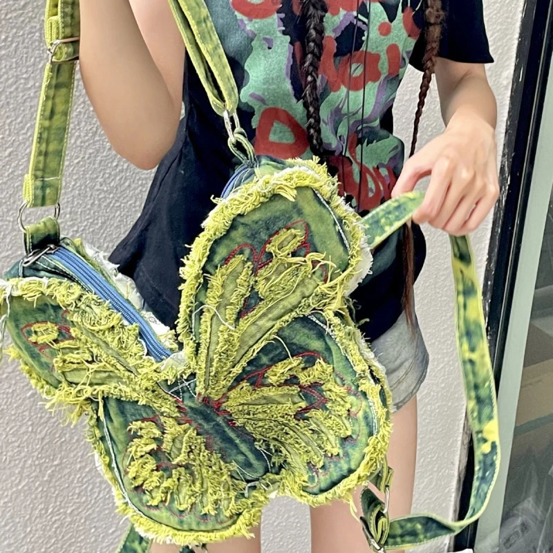 Fashion Butterfly Embroidery Shoulder Bags Y2k Aesthetic Trendy Women Casual Backpacks Vintage Denim Harajuku Crossbody Handbags 260307