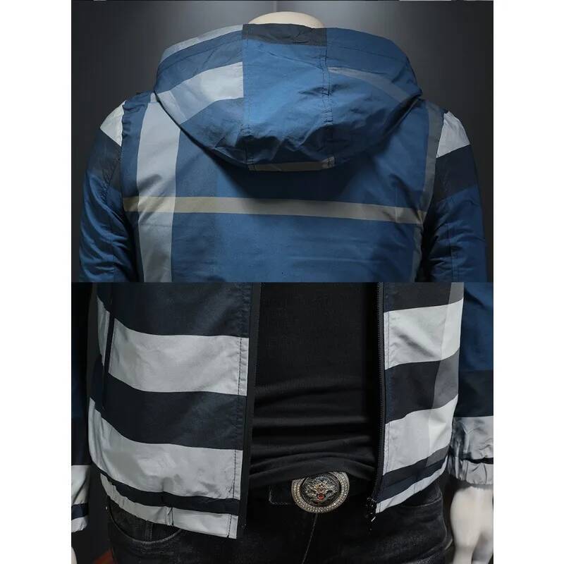 Minglu Spring Autumn Hooded Plaid Allover Printed Mens Jackets Luxury Sport Casual Long Sleeve Male Coats Overcoat Plus Size 6XL