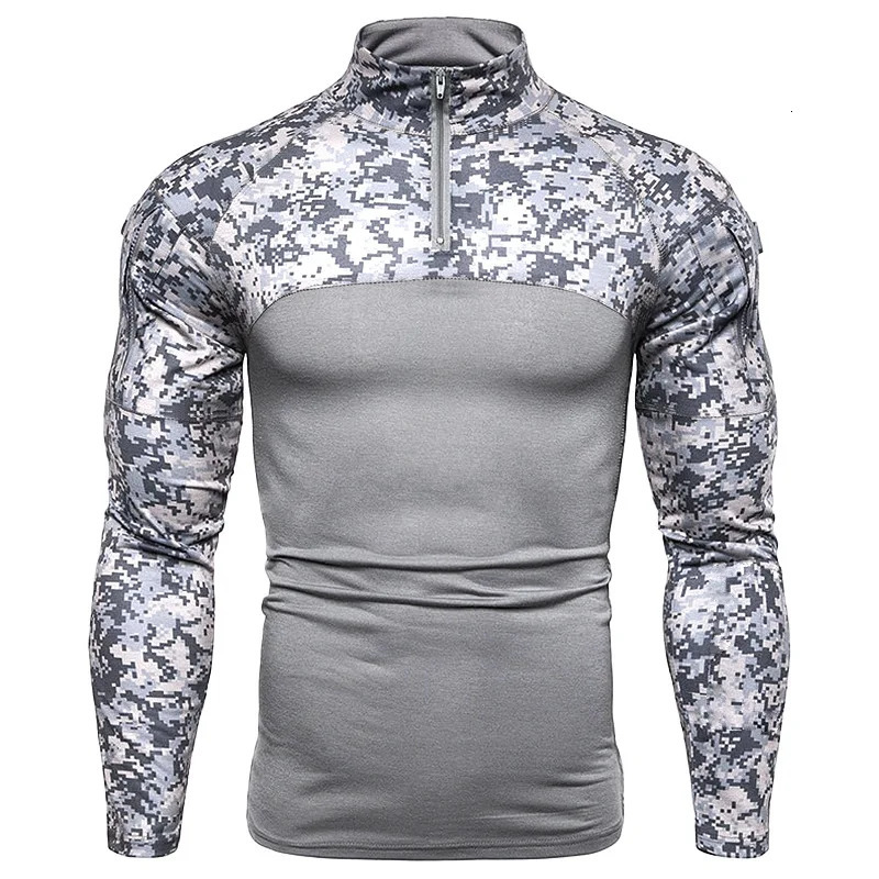 Men Outdoor Elastic Fitness Camo Patchwork Long Sleeve T Shirt Y2K Mens Zip Up Pocket Gym Tactical Shirts Ropa Hombre Camiseta 260302